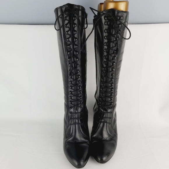 Vintage retro black laced lace up heeled leather boots - Picture 3 of 14